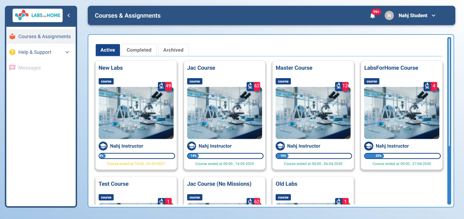Labs For Home LMS dashboard listing active science courses and assignments with student progress