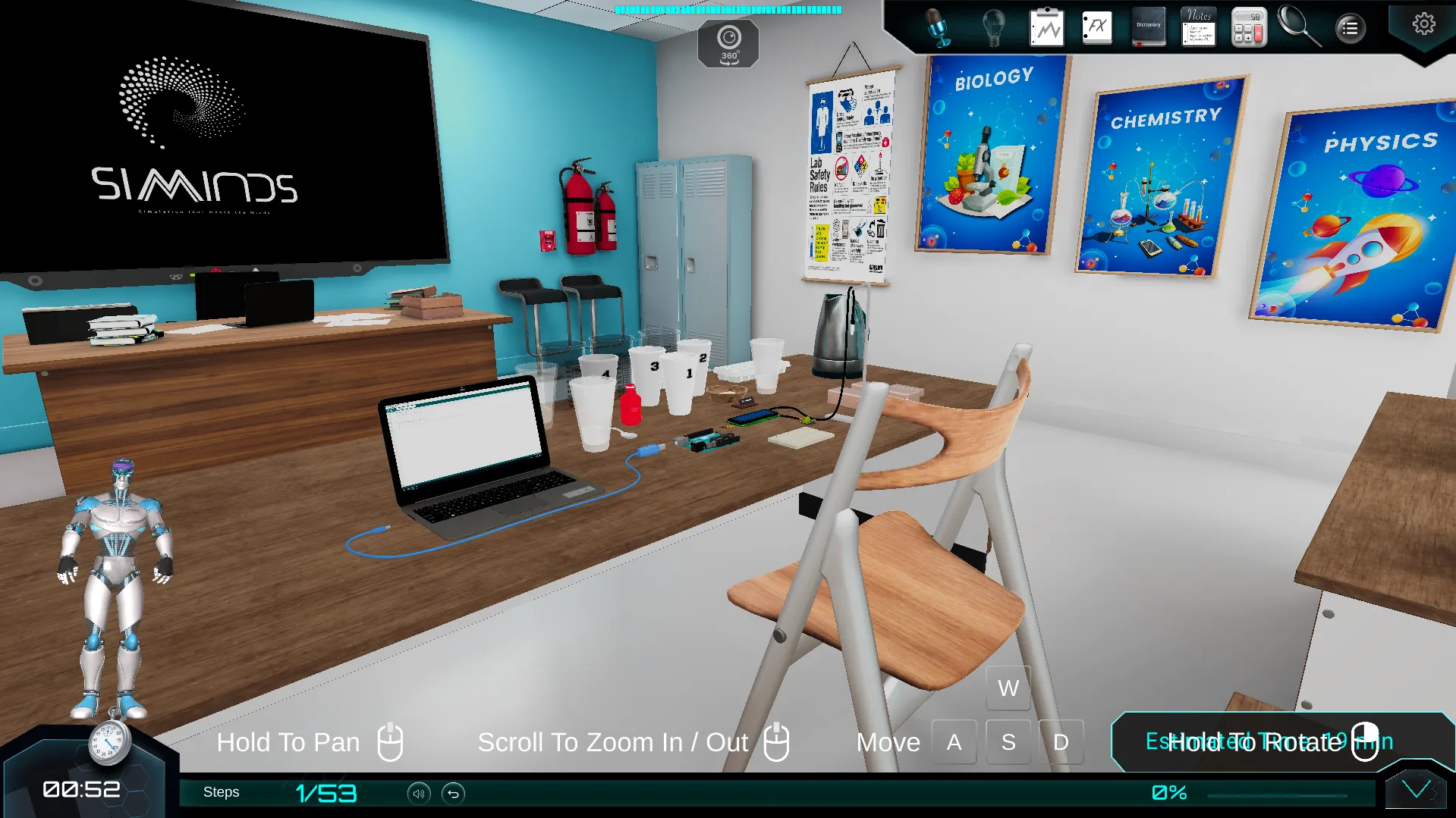 3D virtual science lab with a workbench, laptop, Arduino board and beakers