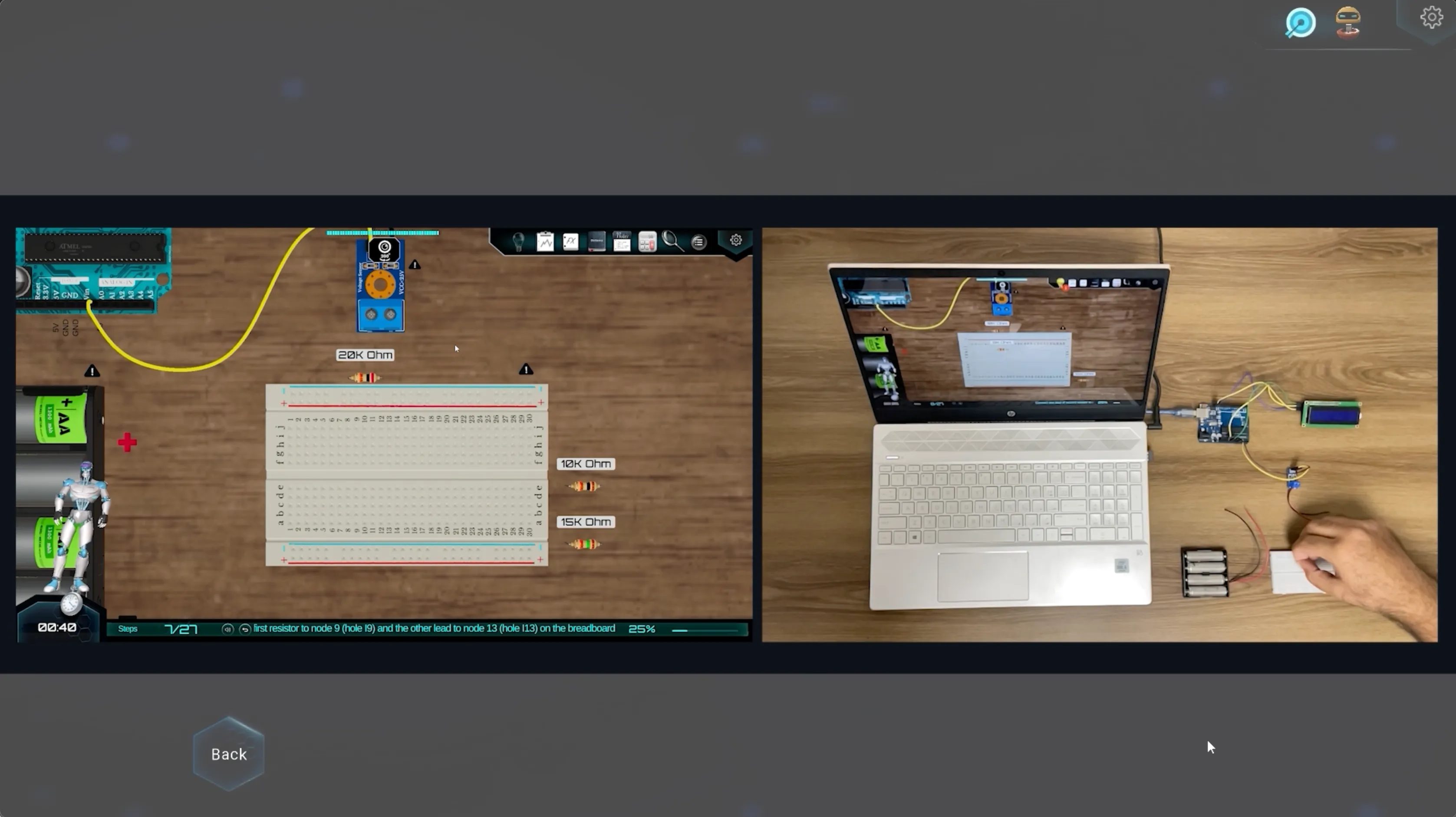 Split view of a virtual breadboard circuit next to the same circuit built on real Arduino hardware