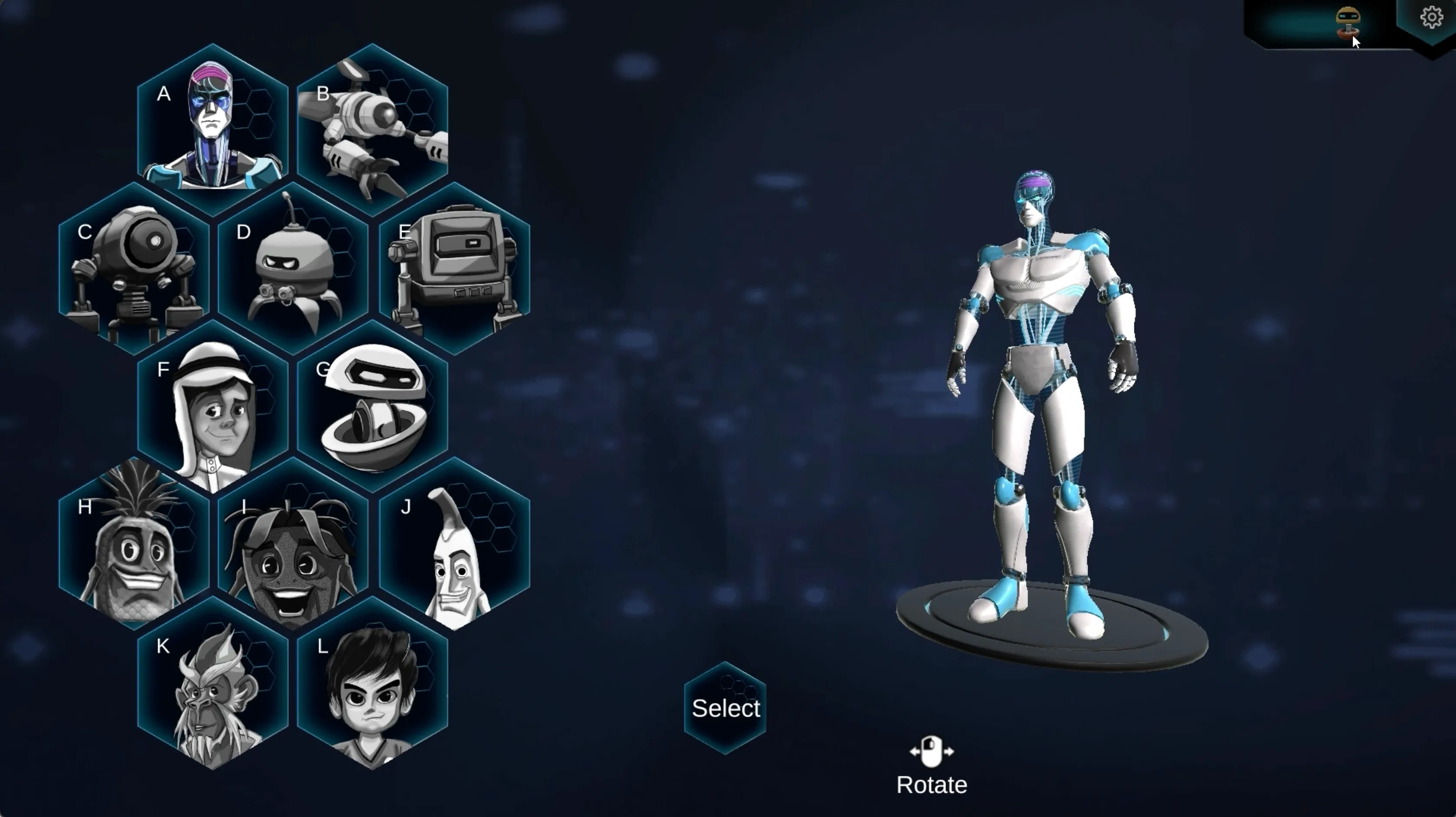Avatar picker with twelve characters beside a 3D student avatar on a turntable