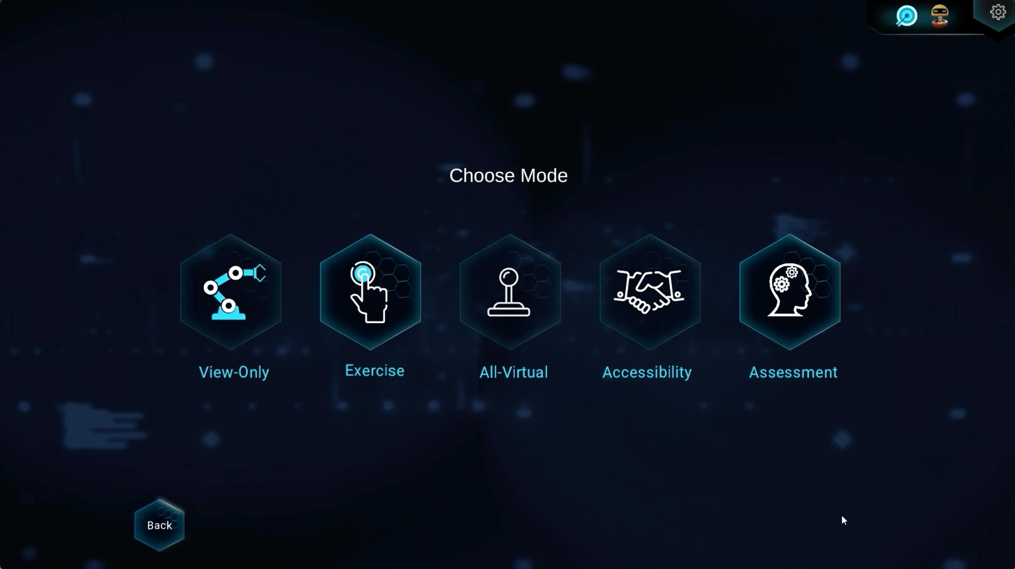 Experiment mode selection: View-Only, Exercise, All-Virtual, Accessibility and Assessment